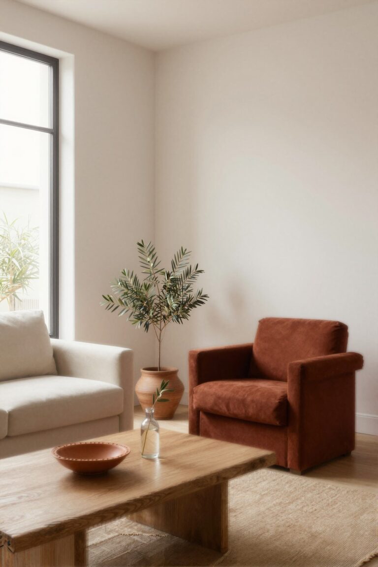 Living room with a terracotta armchair, a cream sofa and an olive tree