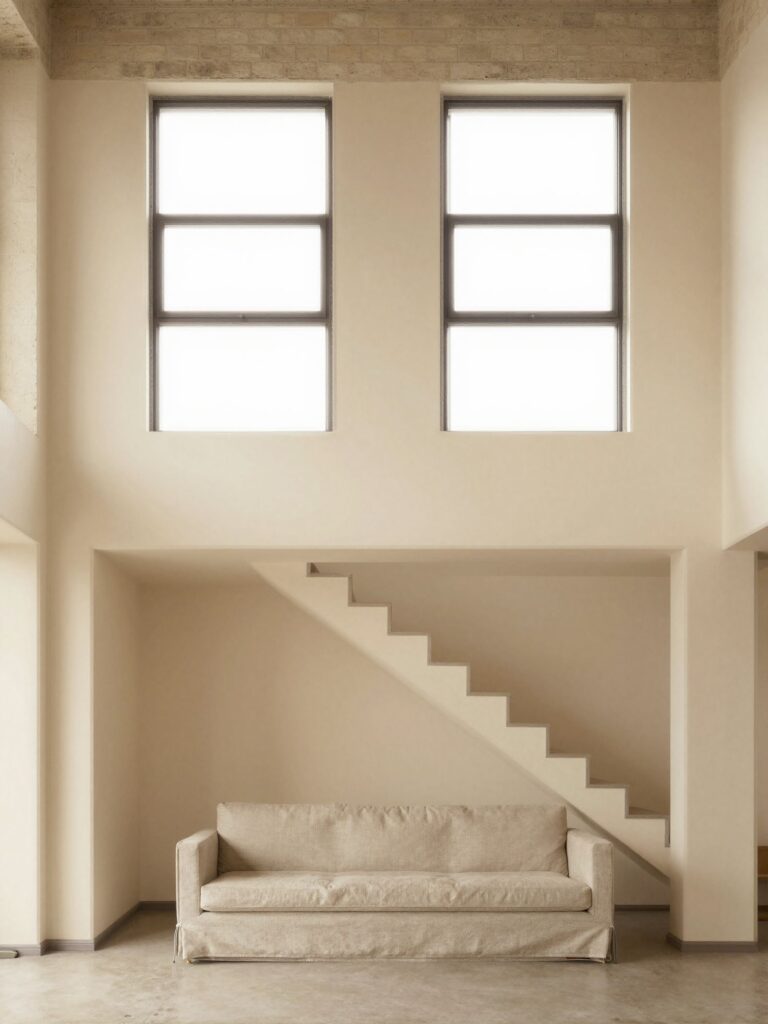 Double-height loft with tall windows and a staircase