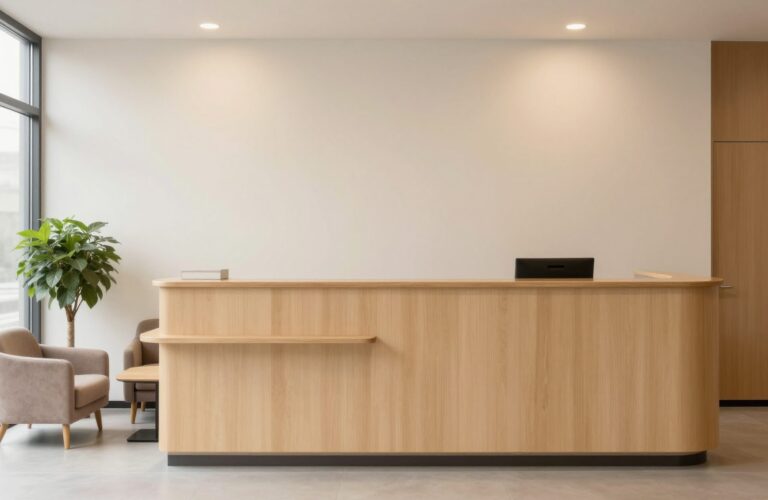 Agency reception with an oak desk