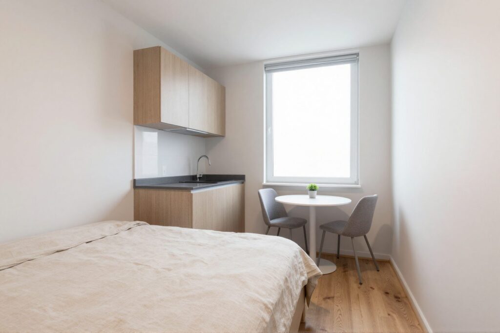 Compact studio with a kitchenette and a small dining table