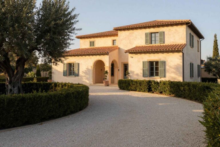 Mediterranean villa with an arched porch and a gravel drive