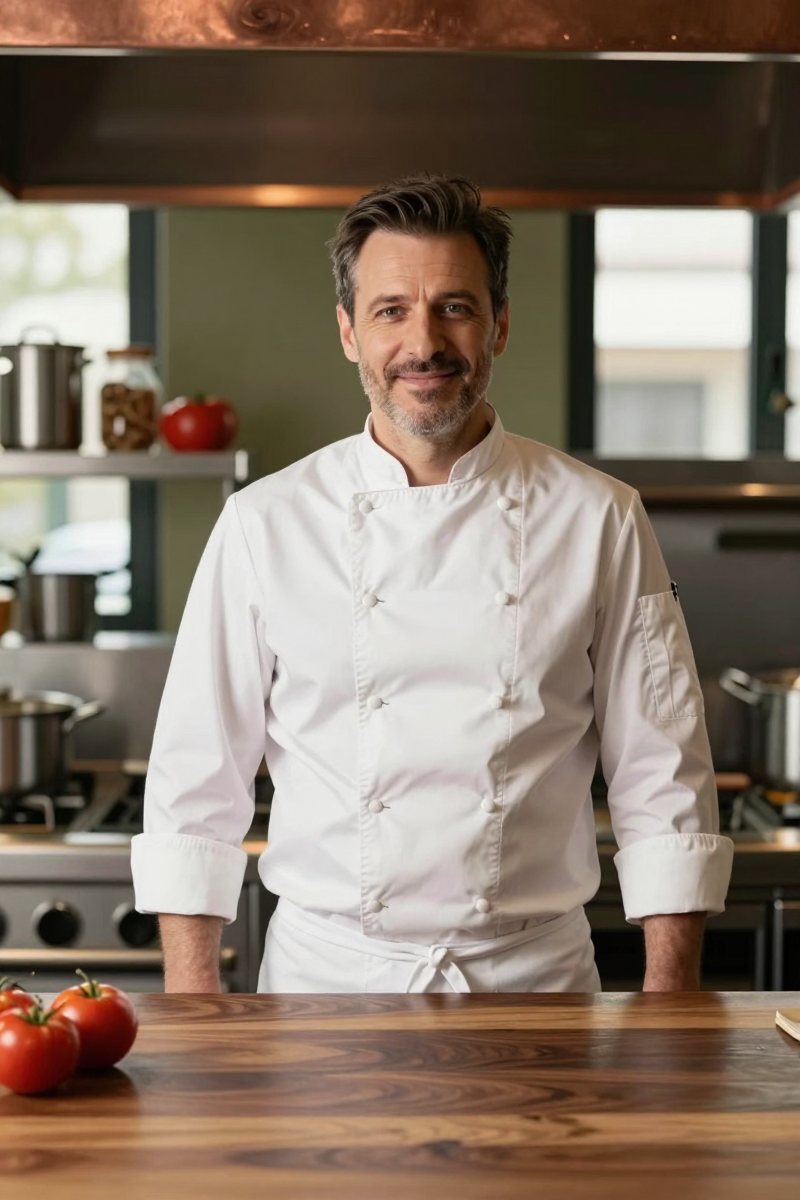 Marco Bellini, head chef, in a white jacket in the kitchen