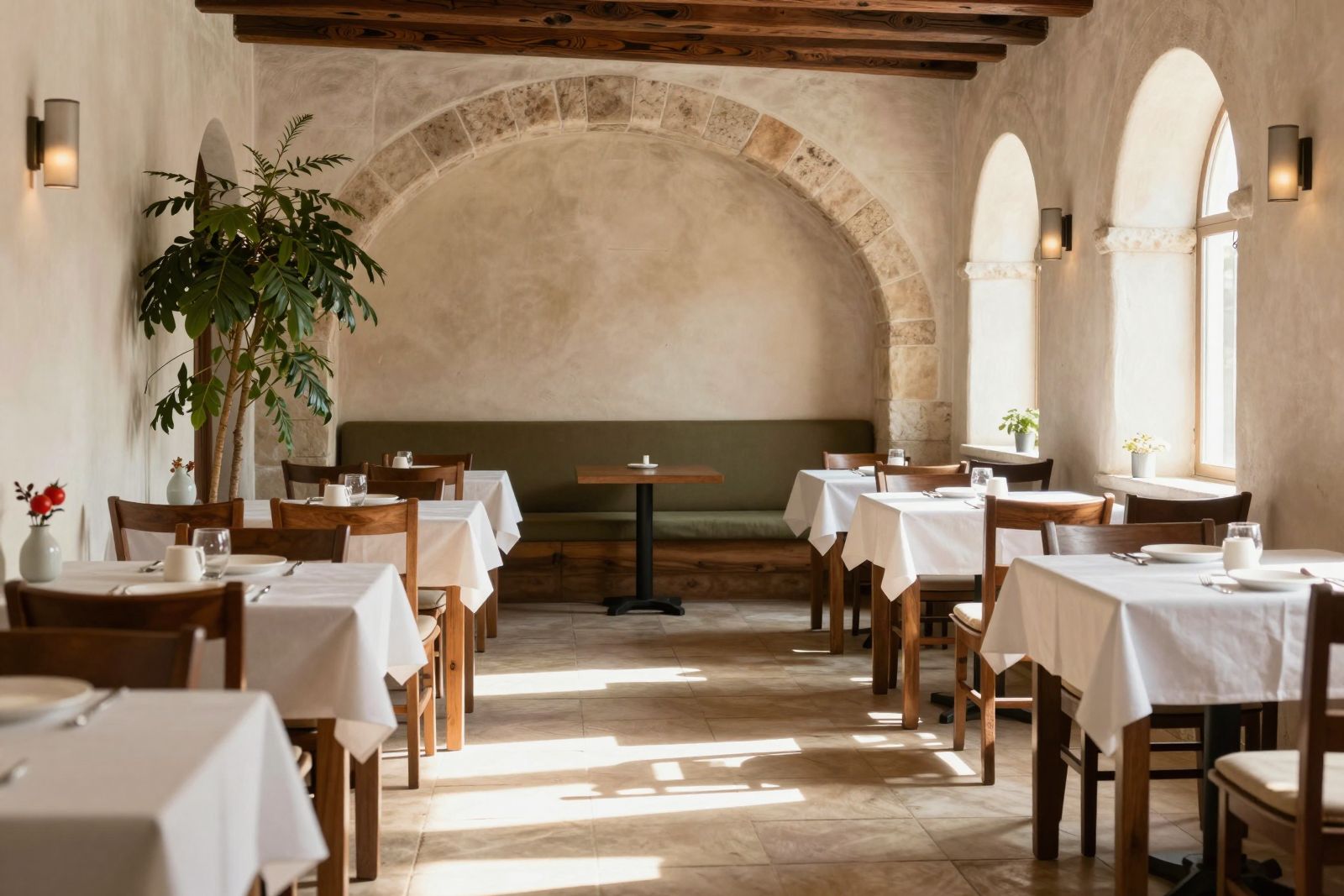 A quiet corner of the restaurant before opening, under the old stone arch