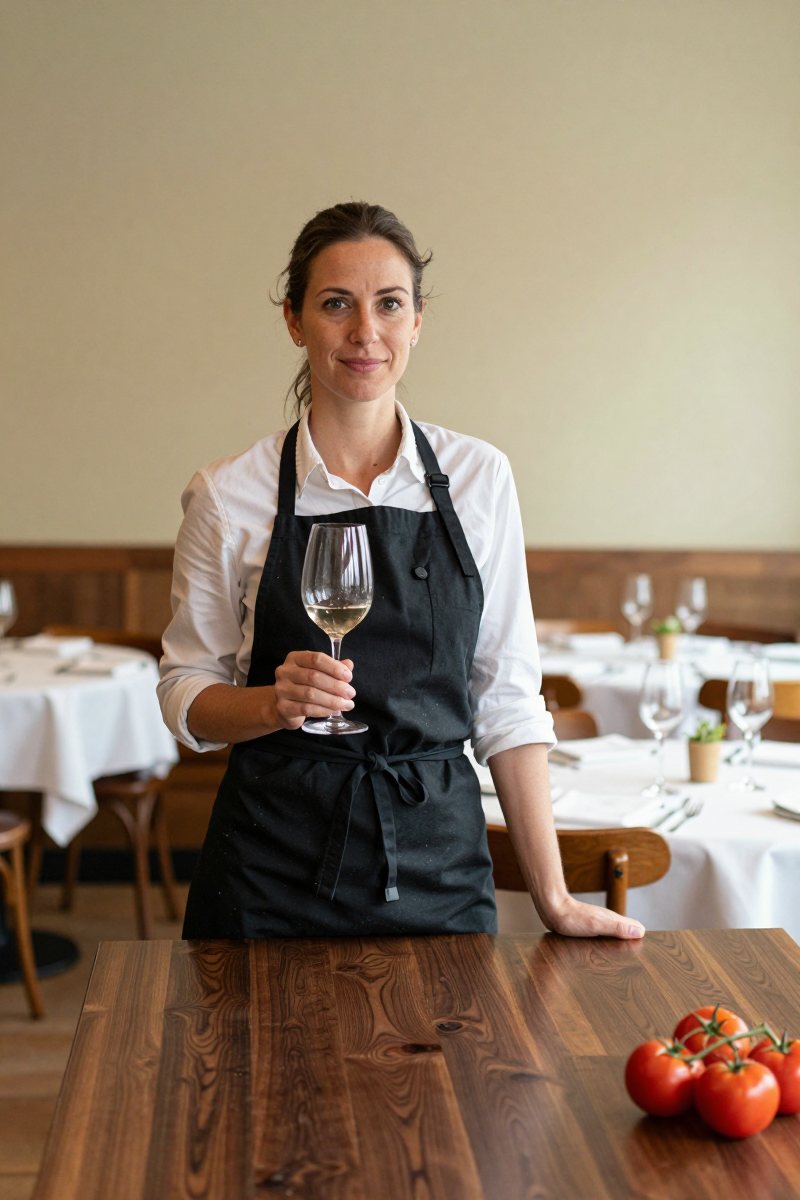 Elena Ricci, owner and sommelier, holding a wine glass in the dining room