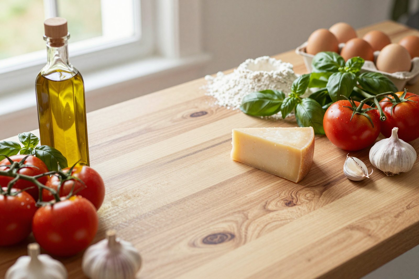 Tomatoes, basil, garlic, olive oil, flour and eggs on a wooden table