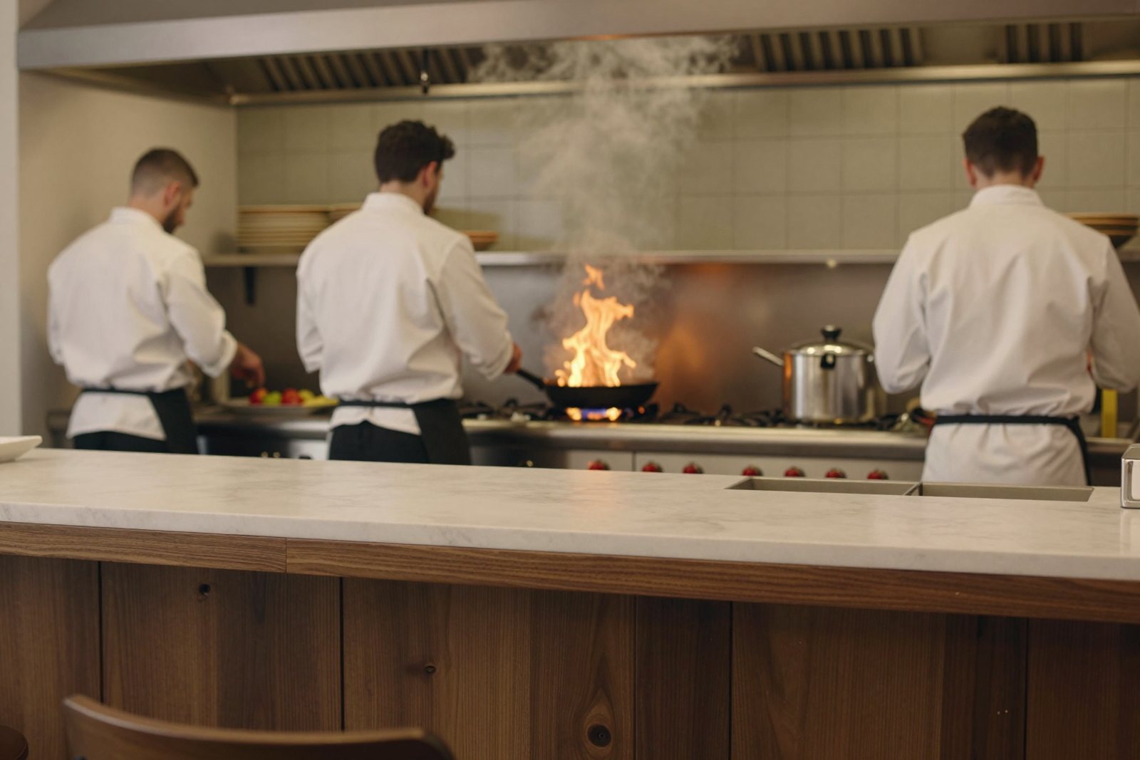 Three cooks at the stoves during service, seen from the pass