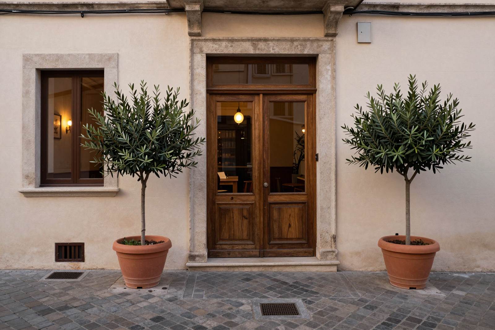 The entrance at dusk, a wooden door between two potted olive trees