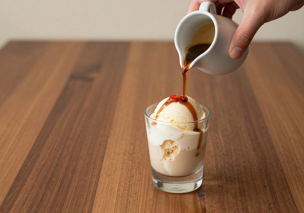 Vanilla gelato in a small glass with espresso poured over it