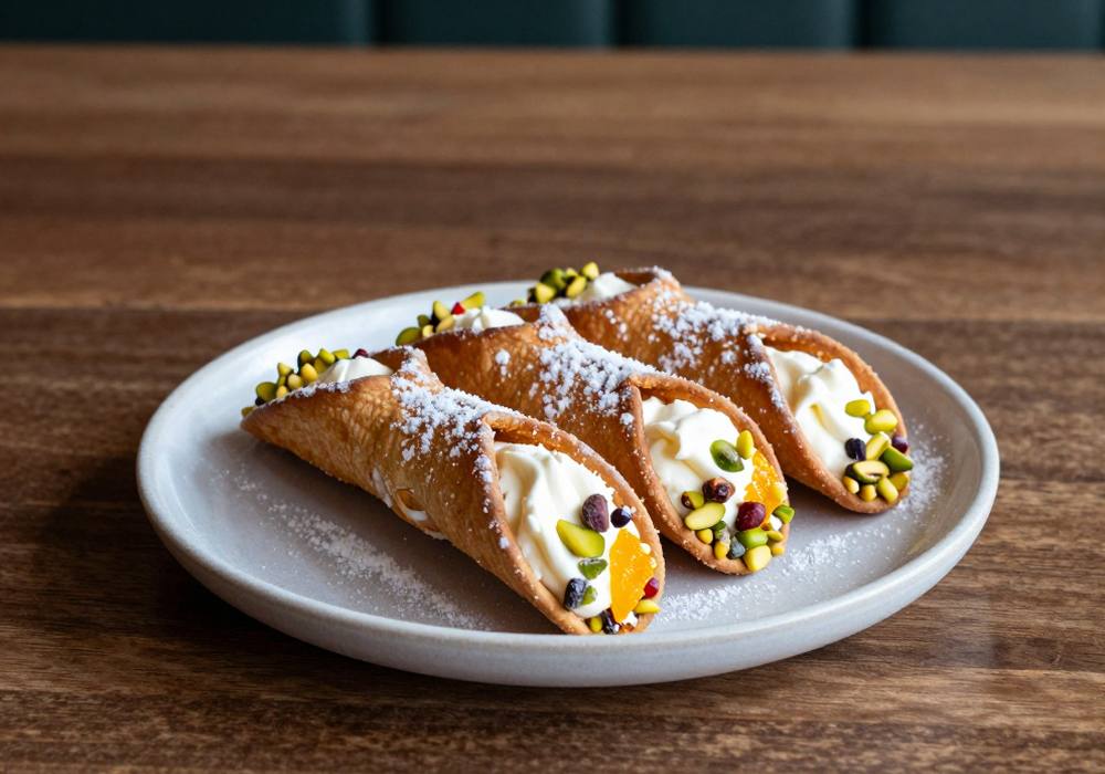 Three cannoli filled with ricotta, pistachio and candied orange