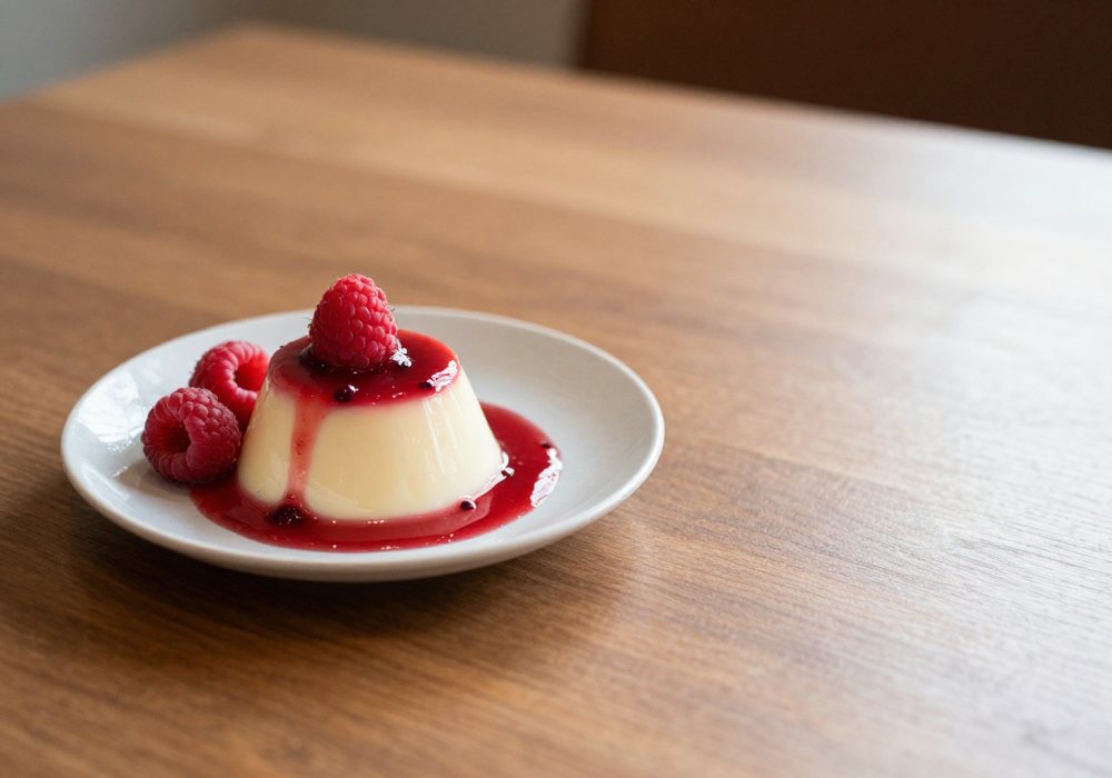 Vanilla panna cotta with red berry coulis and raspberries