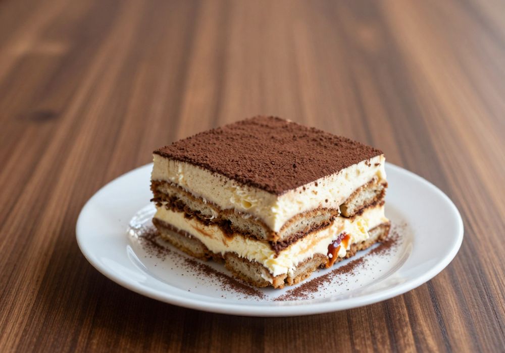 A slice of tiramisu with mascarpone layers, dusted with cocoa