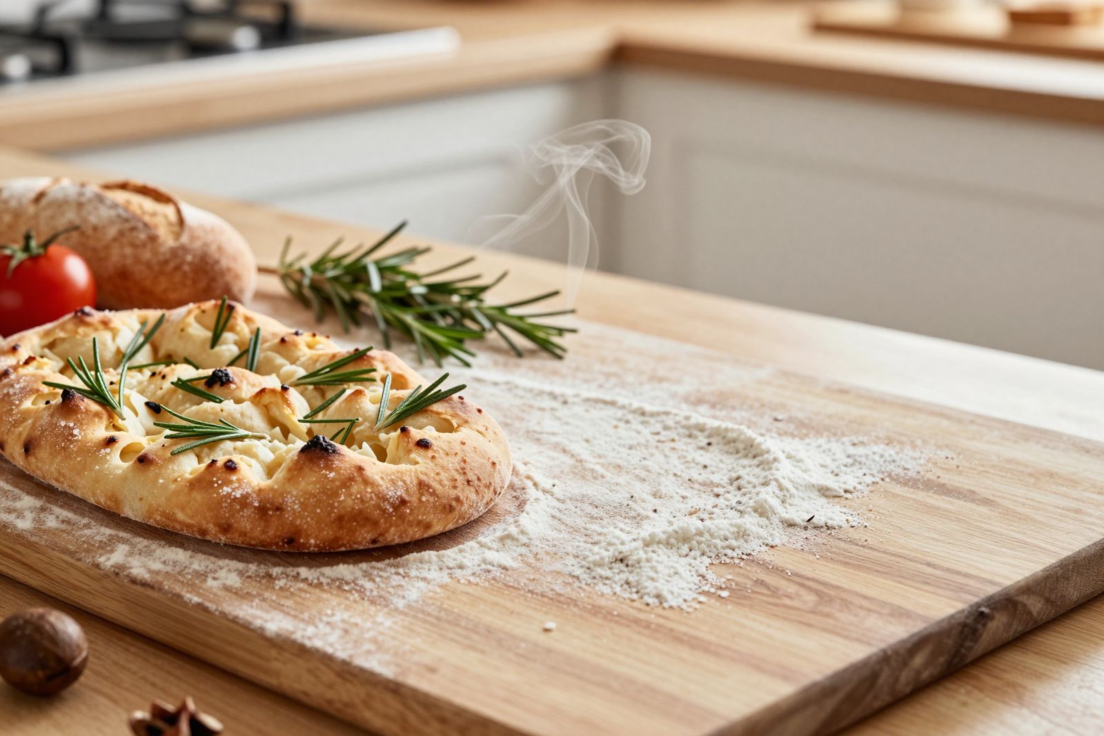 Focaccia and rustic loaves on a floured board, still steaming