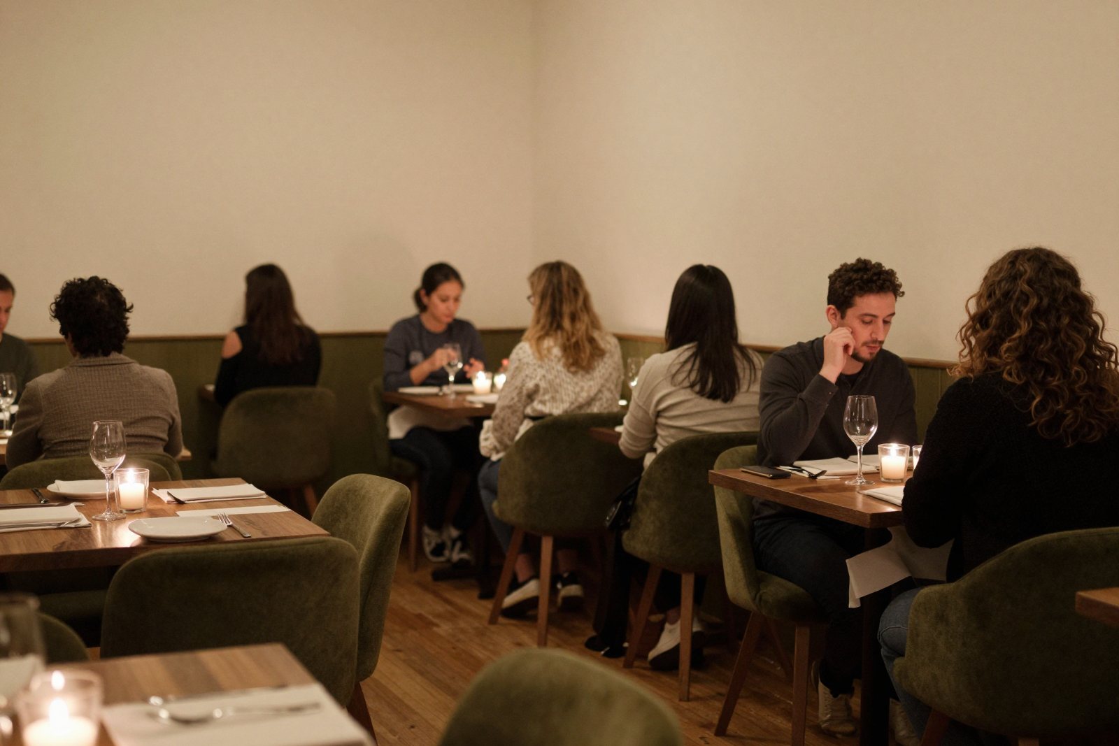 The dining room in the evening, every table taken