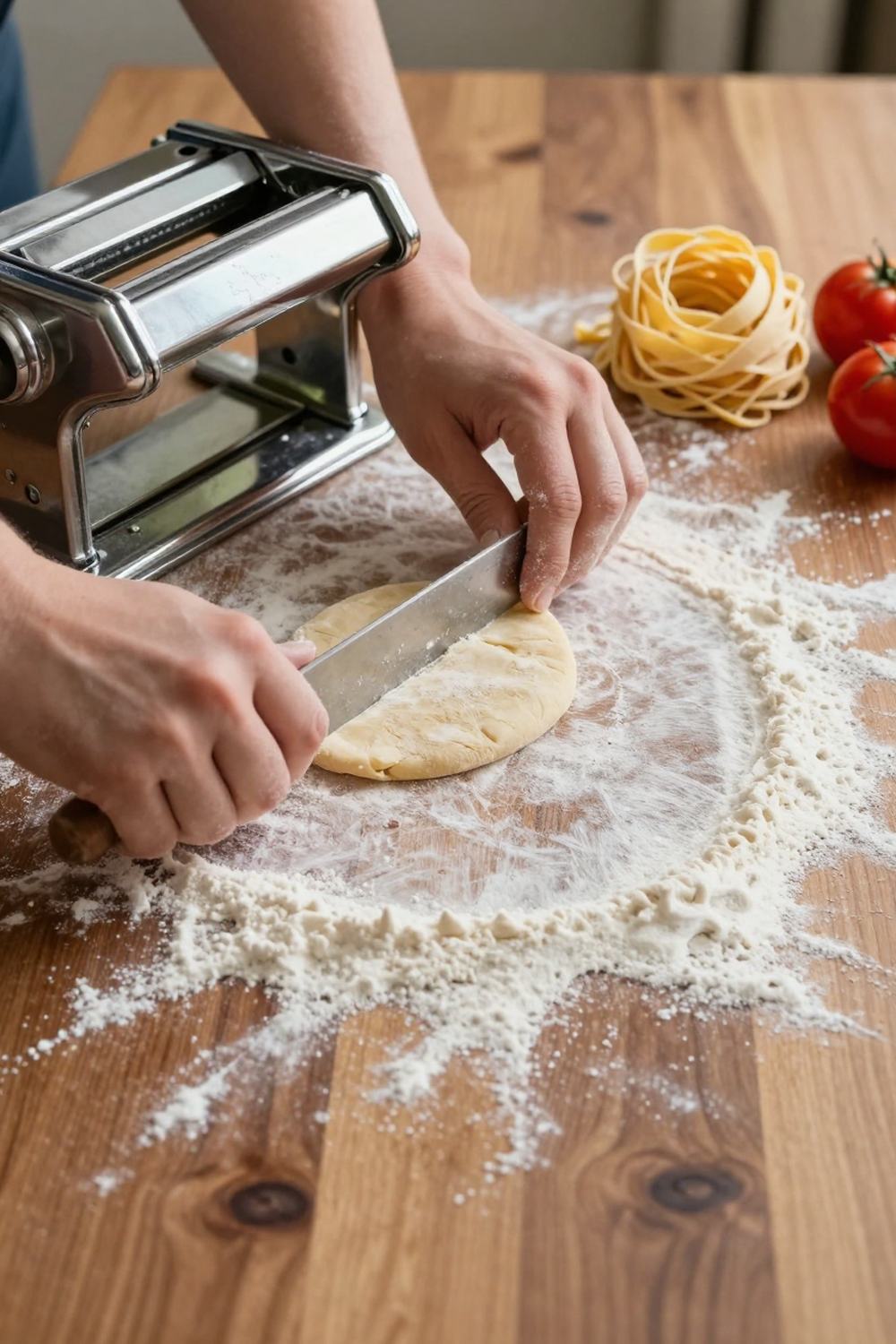Hands rolling and cutting fresh pasta on a floured table