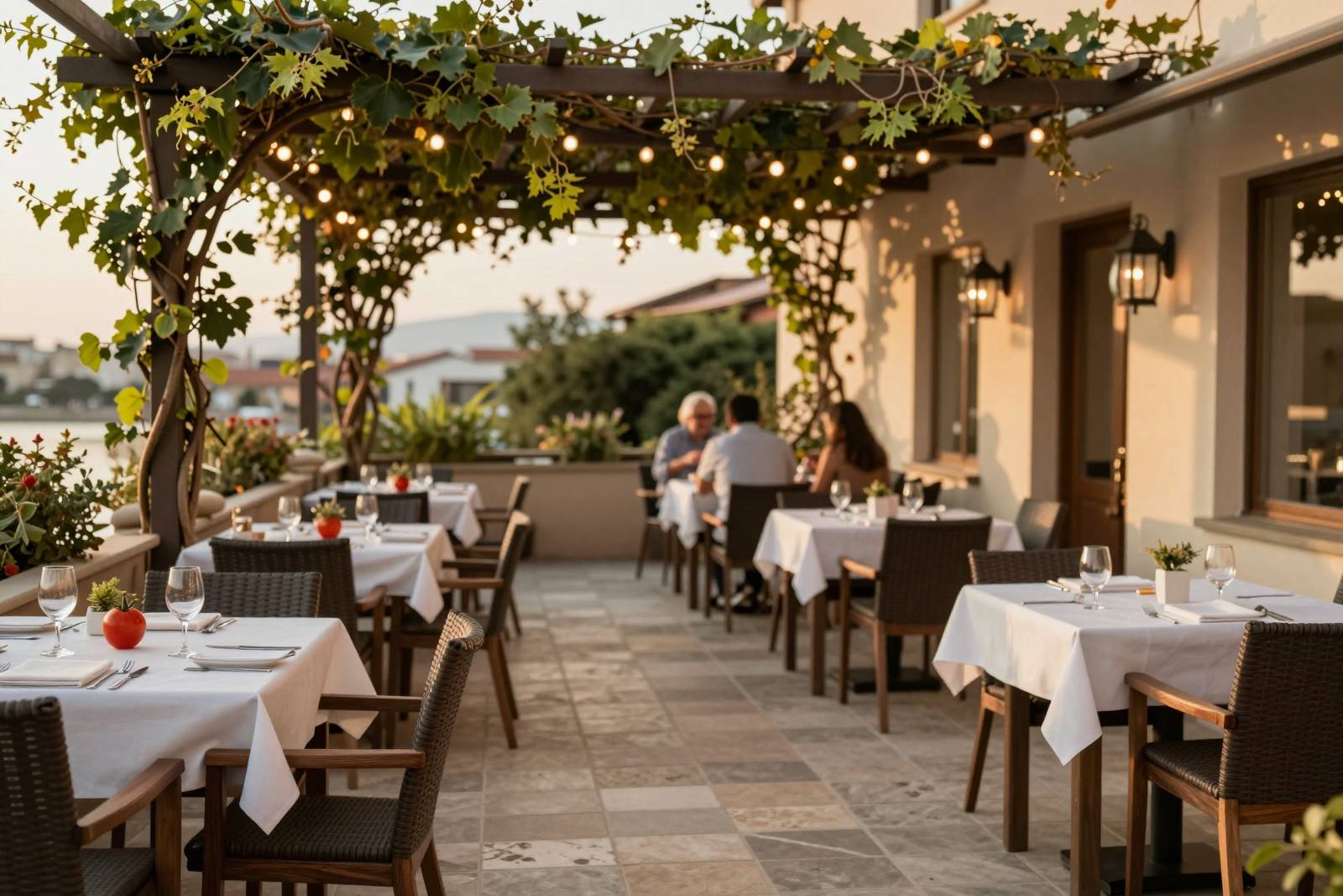 The terrace at golden hour under a pergola of climbing vines