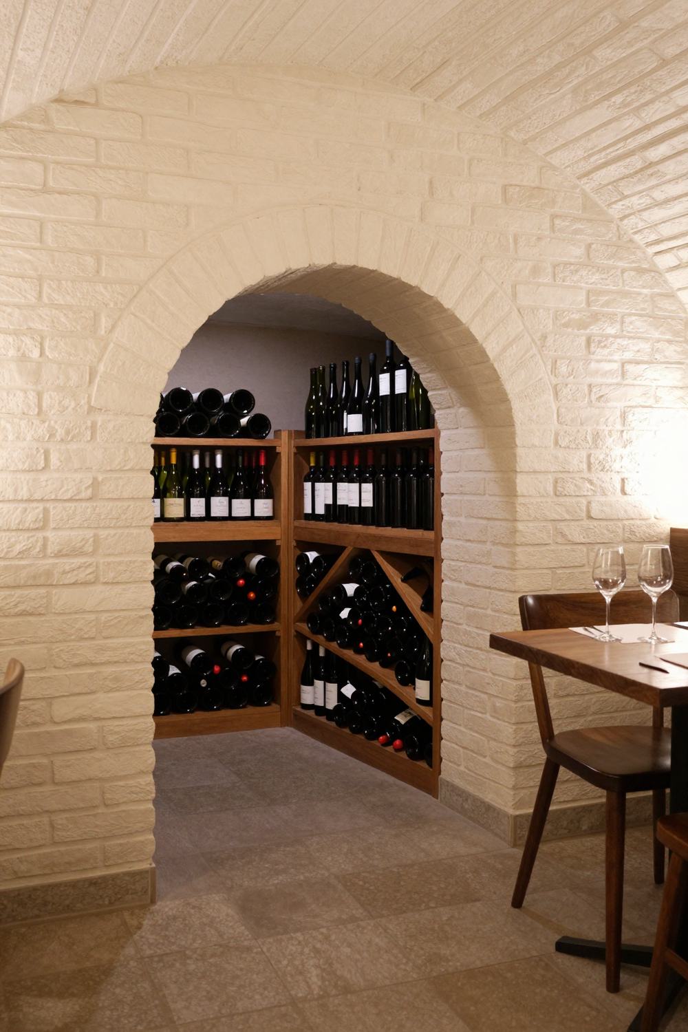 The vaulted brick wine cellar with wooden racks and a tasting table
