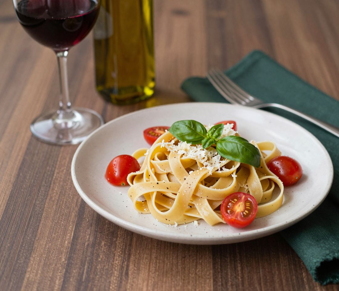 Fresh fettuccine with cherry tomatoes, basil and parmesan on a cream plate