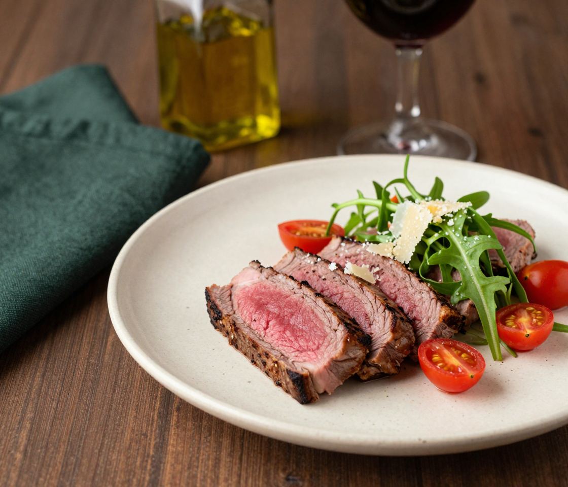 Sliced beef tagliata on rocket with parmesan shavings