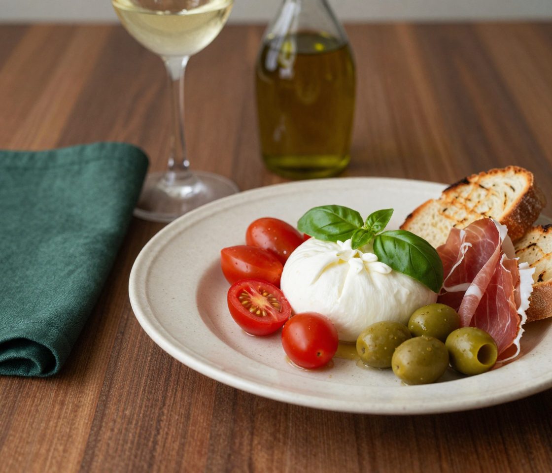 Antipasti of burrata, prosciutto, olives and grilled bread