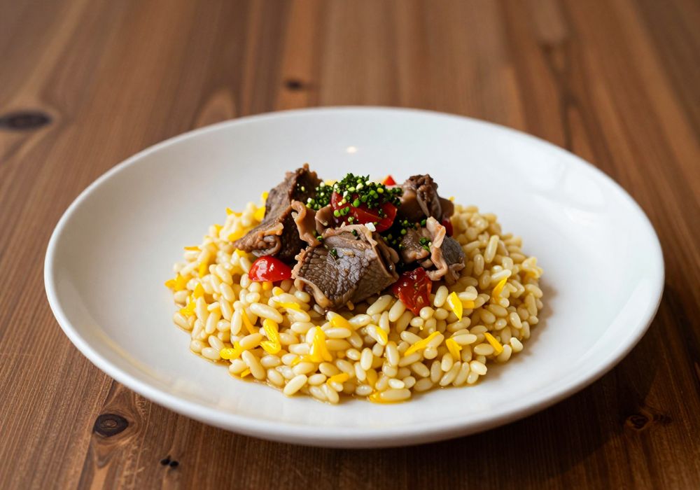 Braised veal osso buco with gremolata on saffron risotto