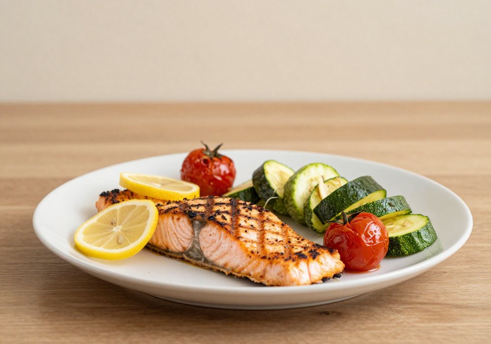 Grilled salmon fillet with lemon, roasted tomatoes and zucchini