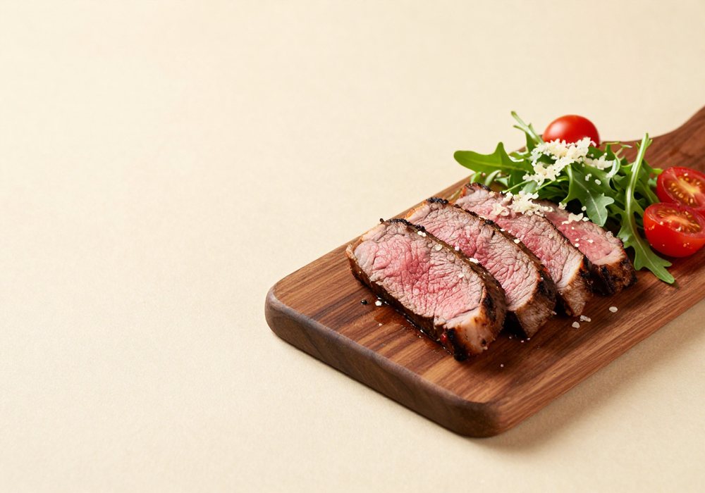 Sliced beef tagliata on a wooden board with parmesan shavings