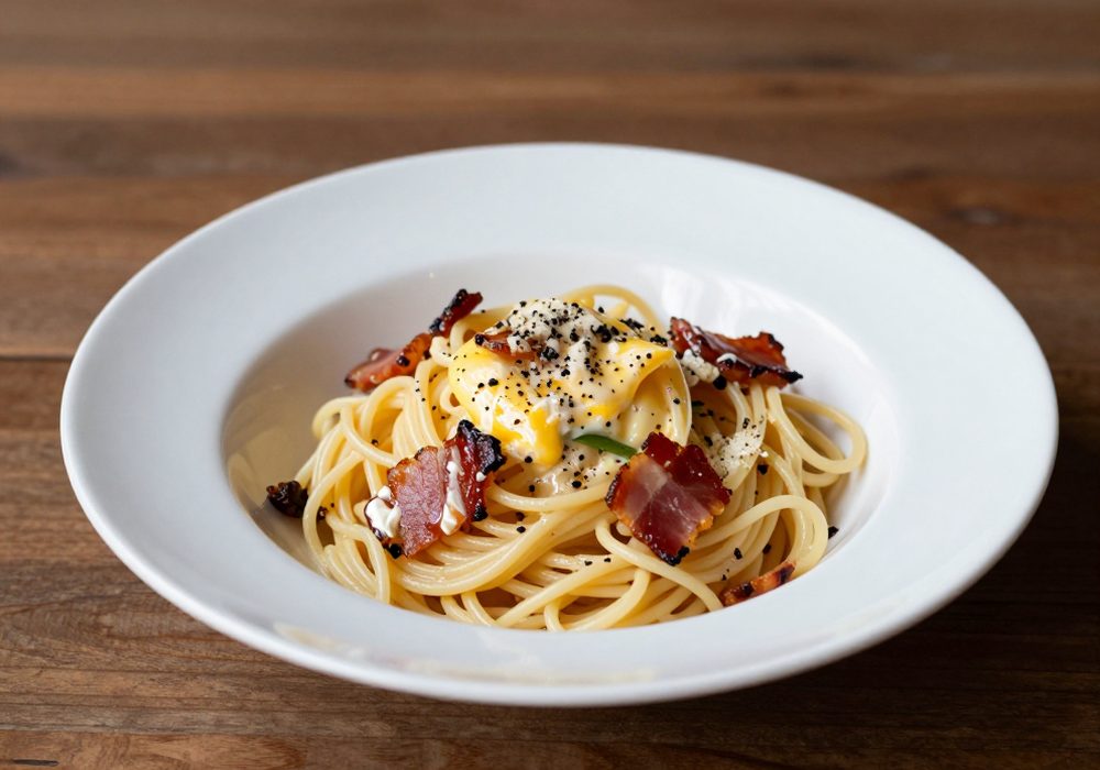 Spaghetti carbonara with crisp guanciale and cracked black pepper