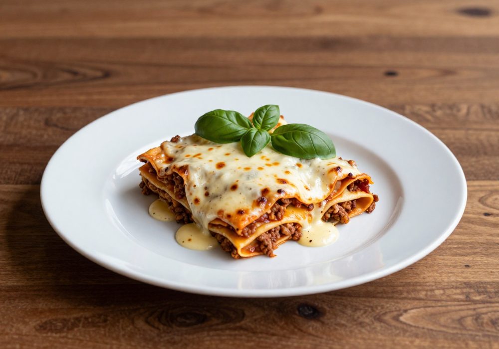 A square of layered lasagna with melted cheese and meat sauce