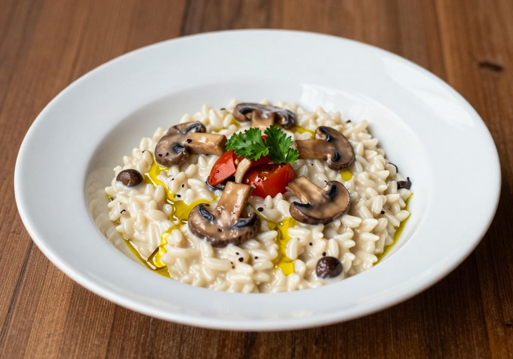 Creamy mushroom risotto with parsley and a drizzle of truffle oil