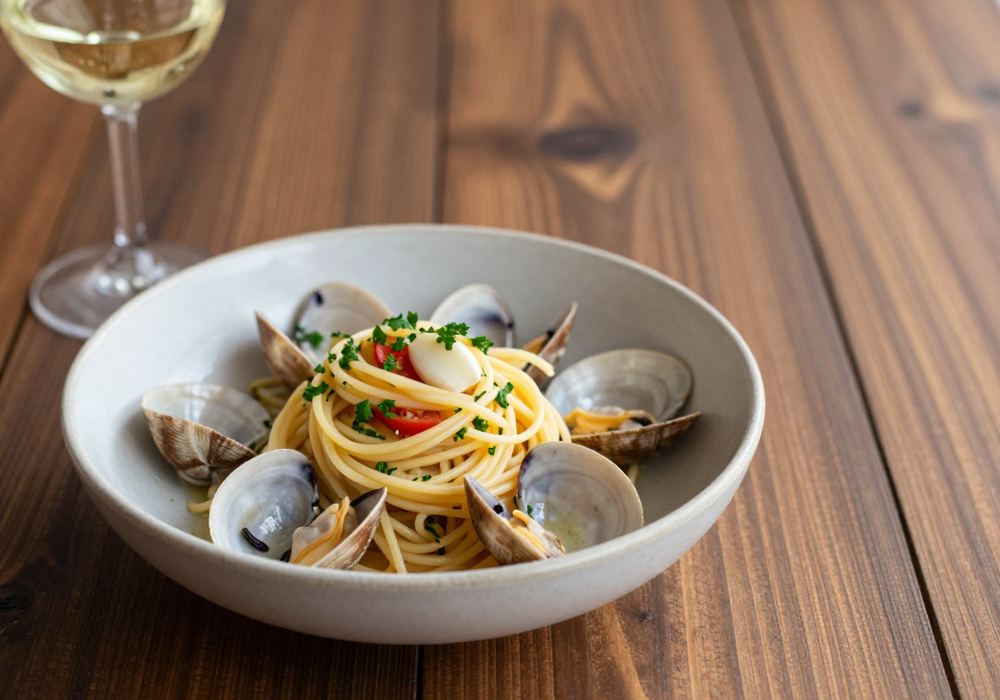 Spaghetti with fresh clams in their shells, garlic and parsley