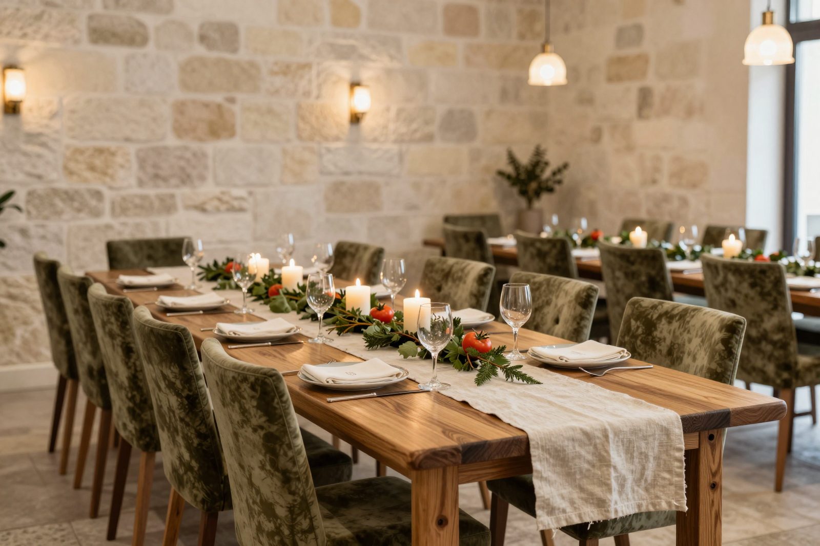 The private room set for twelve at one long table under stone walls