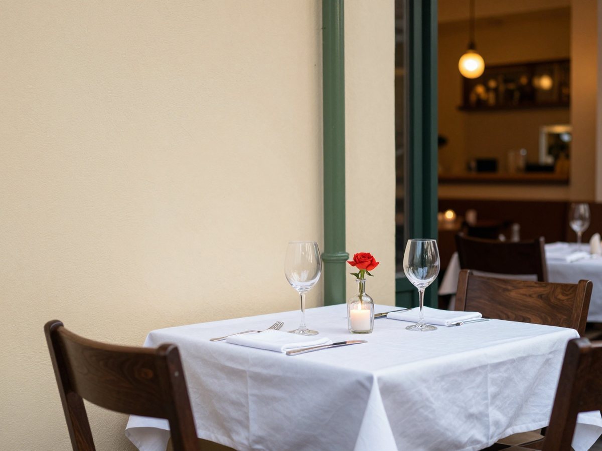 A table for two set by the window in the evening, with a candle
