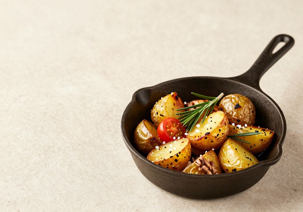 Roast potatoes with rosemary and garlic in a small cast-iron pan
