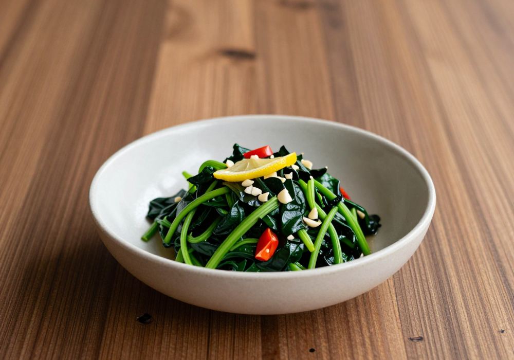 Sautéed spinach with garlic and lemon in a small bowl
