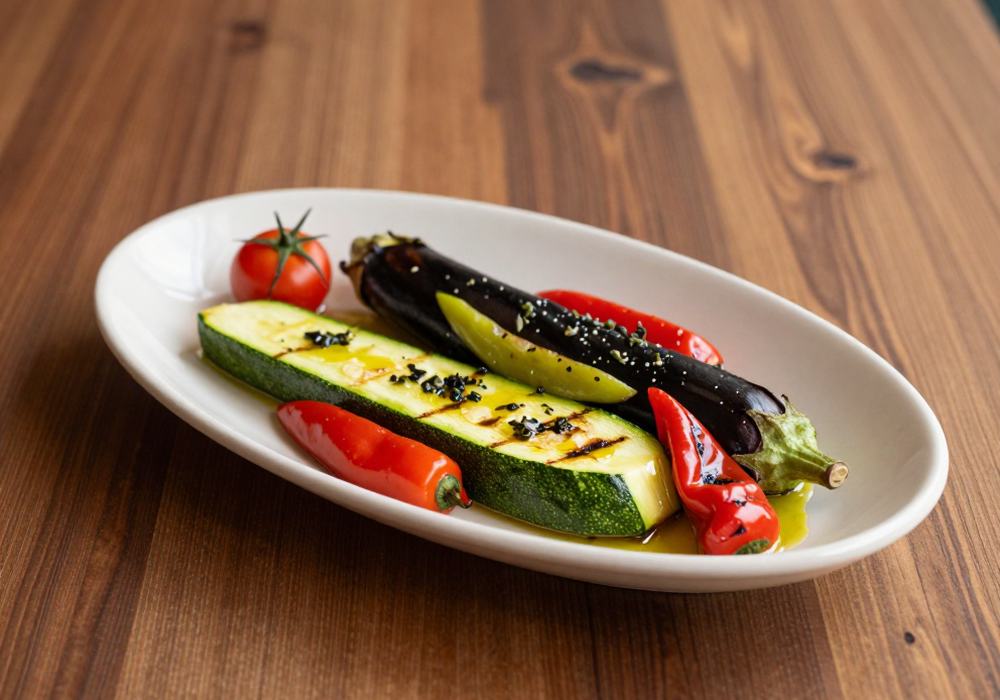 Grilled zucchini, aubergine and peppers on a ceramic platter