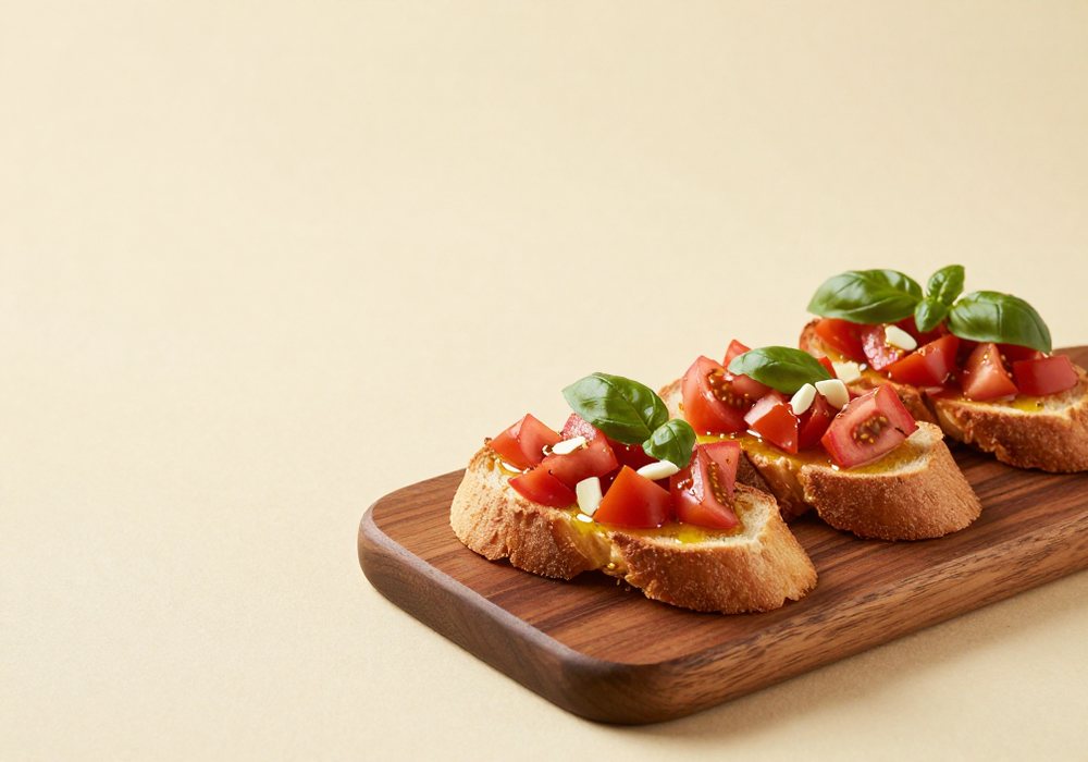 Toasted bruschetta topped with diced tomatoes and basil