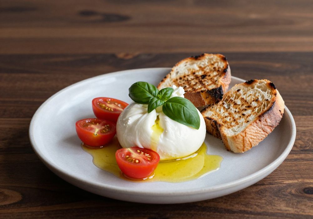 Burrata with cherry tomatoes, basil and grilled bread