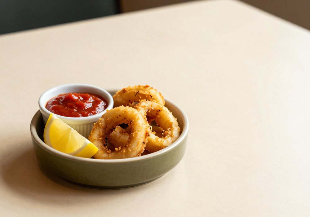 Fried calamari rings with a lemon wedge and marinara sauce