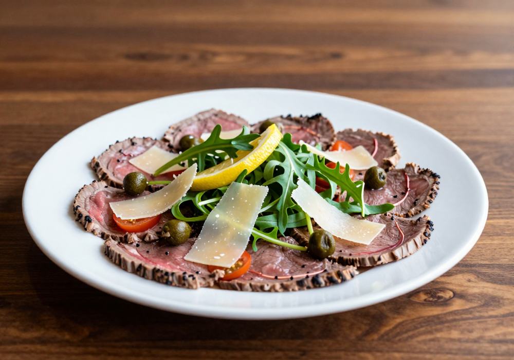 Beef carpaccio with rocket, parmesan shavings and capers