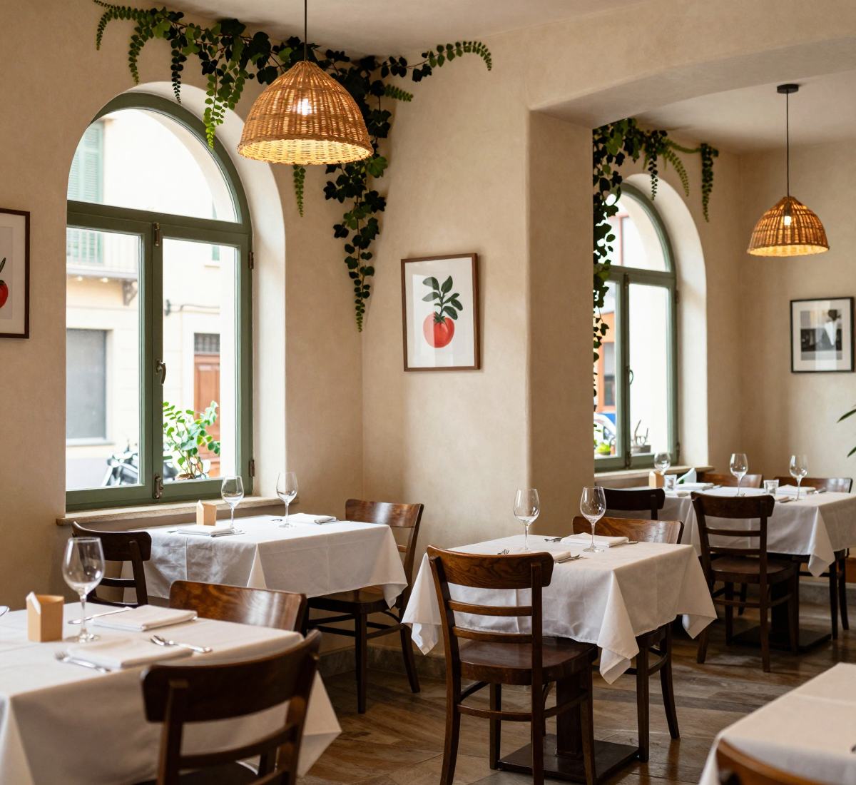 The dining room by day, with arched windows and tables set in white linen