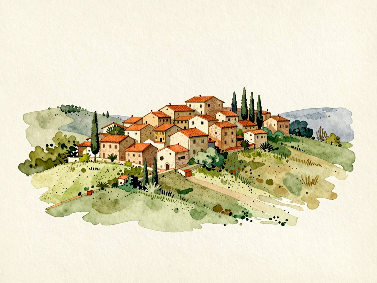 Watercolour of a hill village with terracotta roofs and cypress trees
